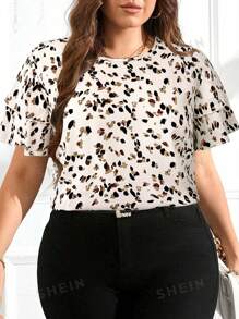 SHEIN Clasi 大码女式优雅圆领双层袖几何圆点印花宽松衬衫 - 白色 - 查看 1