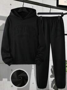 2 pièces Ensemble sweat-shirt à capuche et pantalon Brooklyn avec impression de lettre épaissi, pour garçons adolescents