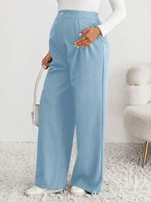 SHEIN Maternity Casual Solid Color High Waist Straight Leg Pants - Blue - View 3