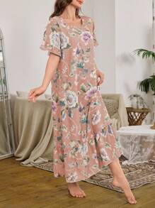 SHEIN Ruffled Hem Floral Print Long Nightgown - Multicolor - View 6