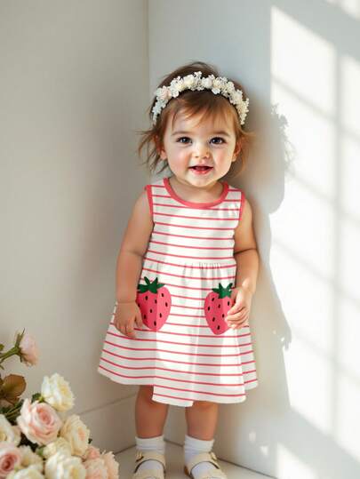 SHEIN Cute Cartoon Strawberry Striped Pattern, Baby Girl Casual Minimalist Round Neck Sleeveless Midi Dress, Suitable For Summer