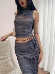 SHEIN EZwear 2pcs Women Fashion Figure Print Camisole & Skirt Set
