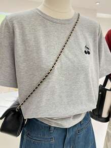 INAWLY Casual Comfortable Top, Cherry Embroidered T-Shirt, Spring/Summer - Grey - View 3