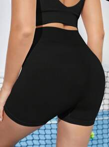 Easithlete High Waist Ribbed Sports Shorts Stretchy ShortsWomen Sweat Short, Gym Short, Biker Short - Black - View 2