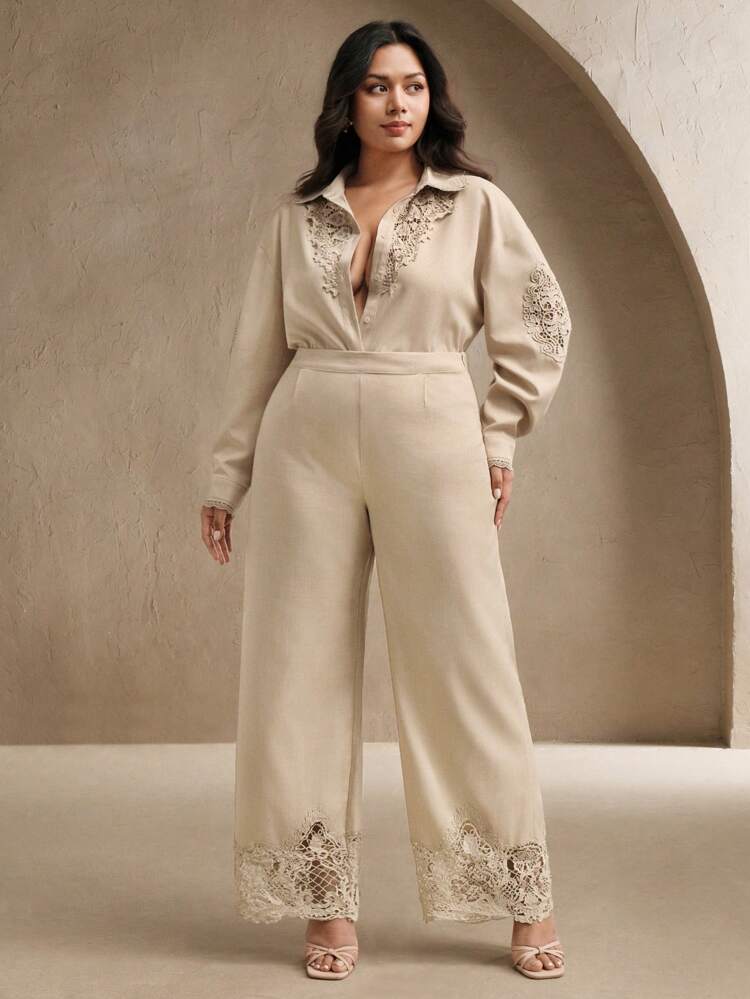 Plus Size Elegant Embroidered Contrast Lace Sheer Blouse And Wide Leg Trousers 2 Pieces Set, Spring/Casual/Modern/Sophisticated