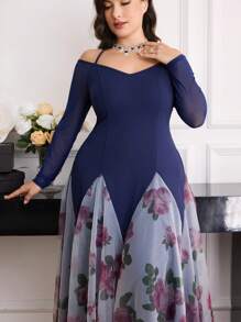 Modelyn Plus Size Women Floral Print Off Shoulder Long Sleeve Elegant Dress - Navy Blue - View 3