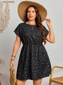 Plus Size Women's Summer New Black Ditsy Floral Casual Round Neck Cinched Waist Dress, Mommy And Me Matching Outfits (2 Pieces Sold Separately) - Multicolor - View 4