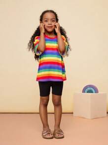 Set de 2 piezas CutesyCutie: Camiseta holgada de cuello redondo con rayas de arcoíris de punto y pantalones cortos de punto, para niñas jóvenes, conjunto de 2 piezas de accesorios para niñas jóvenes, conjunto de 2 piezas de parte superior para niñas jóvenes, conjuntos de ropa para niñas jóvenes de manga corta, ropa de primavera y verano