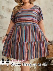 SHEIN CURVE+ 大码女式夏季圆领短袖彩色骄傲服装条纹荷叶边袖 A 字裙波西米亚风度假