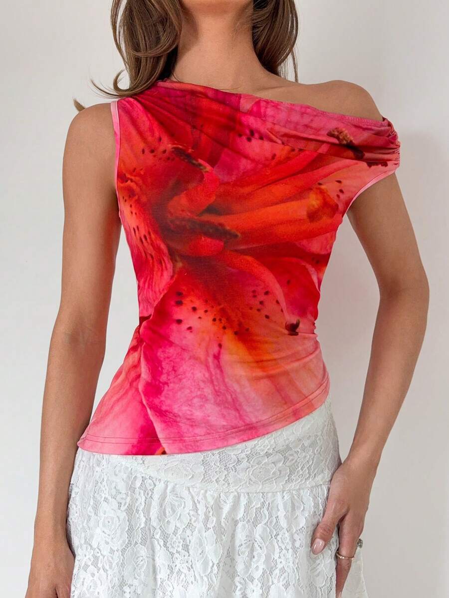 Roylia French Style Asymmetrical Shoulder Ruched Floral Print Slim Fit Women T-Shirt Top - Multicolor - View 1