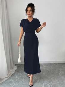 Rafferiza Solid Color Elegant Romantic Plunging Neck Backless Tie Waist Fishtail Dress For Women, Early Spring - Navy Blue - View 4
