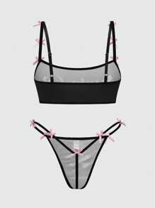 ROMWE Gothic Romantic Skeleton Gothic Font Spaghetti Strap Bow Thong Lingerie Set - Black - View 2