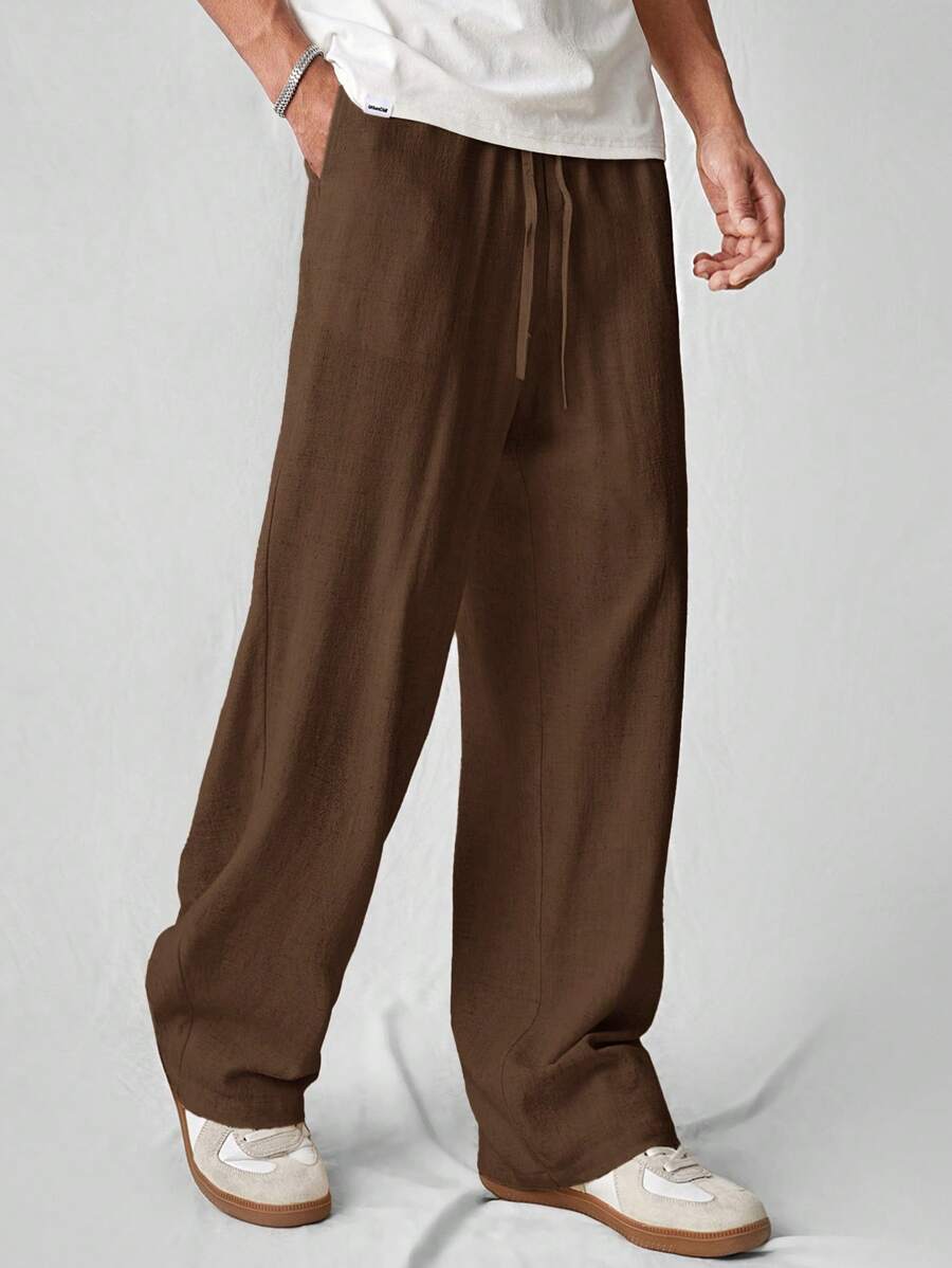 SWAVVY Celana Panjang Pria Kasual Tenun Bahan Linen Warna Polos Model Lurus, Cocok untuk Pakaian Sehari-hari, Sekolah, Musim Gugur - Coklat - View 1
