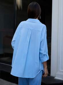 SHEIN Cottnline Rhinestone Patched Roll Tab Sleeve Shirt - Blue - View 2