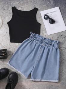 2pcs/Set Teenage Girls Cropped Camisole & Washed Denim Shorts Set, Vibrant