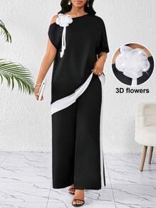 SHEIN Lady Conjunto de dos piezas para mujer con diseño asimétrico con hombros cortados y estampado floral tridimensional elegante en blanco y negro, apto para bodas, cumpleaños, vacaciones y eventos de verano