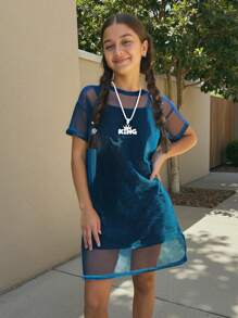 Tween Girls Buy One Get One Free, Fashion Street Colorful Sheer See-Through Mesh Dress With Built-In Black Suspender Dress, Back To School, Sweet And Cool Girl, Y2K