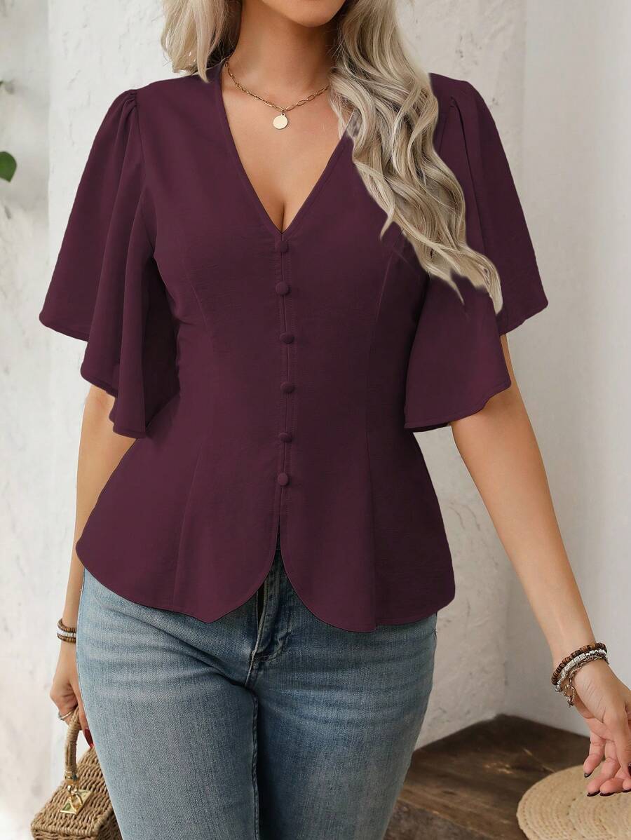 SHEIN Clasi Camisa elegante de mujer con cuello en V, decoración de botones, volantes fruncidos, mangas campana y cintura ceñida con línea A, para uso laboral, casual y de vacaciones, primavera/verano - Rojo violeta - Ver 1