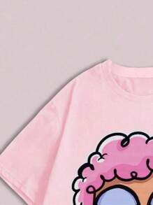 SHEIN Explorewe Teen Girl Cartoon Character Print Short Sleeve Top - Pink - View 9