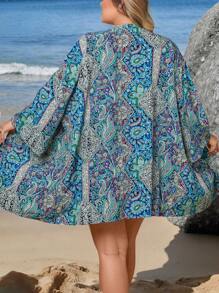 SHEIN CURVE+ Plus Size Women Casual Loose Floral Print Kimono Shirt Boho Vacation - Multicolor - View 2