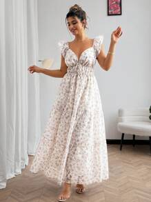 Elenzga Plus Size V-Neck Ruffle Sleeve Floral Print Vacation Dress, Spring/Summer - Apricot - View 1