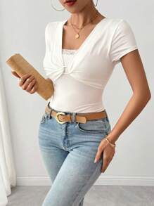 Chiquease 女士纯色时尚休闲方领系带连衣裙，春夏 - 白色 - 查看 3