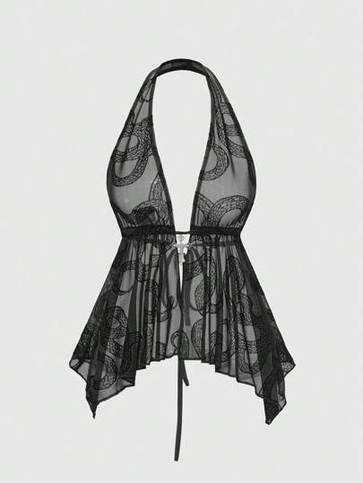 Goth Y2K Sexy Rhinestone Cross Pendant Decor Snake Pattern Women Backless Flocked Camisole