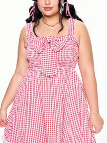 ROMWE J-Fashion 大码女式格子拼布荷叶边无袖连衣裙，度假装 - 紅色 - 查看 6