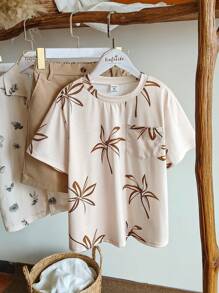 Vintaside Kids 2pcs Big Kid Summer Set: Round Neck Short Sleeve Embroidered Fashionable & Cool Versatile T-Shirt Paired With Solid Color Versatile Casual Shorts, Suitable For Friends Gathering, Family Dining Or Shopping - Apricot - View 3