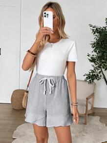 EMERY ROSE Women's Casual Grey Woven Fabric Shorts With Ruffle Hem And Drawstring Waist - Grey - View 4