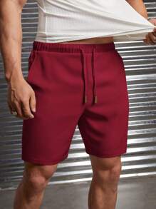 Manfinity VCAY Men's Casual Woven Mid-Waist Drawstring Straight Leg Shorts, Suitable For Daily Wear