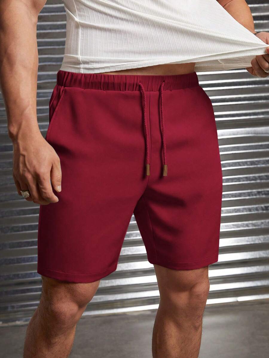 Manfinity VCAY Men's Casual Woven Mid-Waist Drawstring Straight Leg Shorts, Suitable For Daily Wear