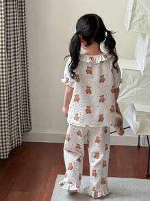 SHEIN Dozemod Young Girl Young Girl Cute Bear Pattern Ruffle Collar Button Up Short Sleeve Pajama Set, 2pcs - Brown - View 2