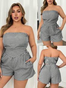 Elenzga Plus Size Classic Blue & White Striped Crop Top & Shorts Two Pieces Set, Minimalist & Casual - Black - View 4