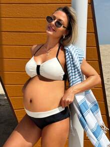 SHEIN Maternity Swimsuit Triangle Bottoms Set, Minimalist & Stylish, Suitable For Summer - Multicolor - View 3