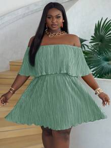 Slaydiva Off-Shoulder Ruffled Neckline Loose Green Dress In Pleated Fabric - Mint Green - View 4