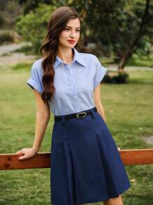 Vintamour 复古优雅女式编织褶皱 A 字裙配腰带，假日通勤春夏春季复活节夏季度假西部装女式迷你裙复活节生日下装音乐会夏季春季巡航服装女式乡村音乐会早午餐夏季老钱风格 - 藍色 - 查看 3