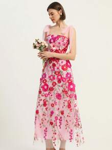 Aveloria Rosie 女士浪漫优雅粉色花卉贴花细肩带蝴蝶结派对礼服 - 彩色 - 查看 5