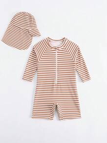 Baby Boy Random Striped One-Piece Swimsuit With Free Swim Cap - Multicolor - View 5