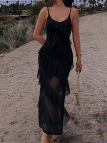 Mesh Insert Sexy Spaghetti Strap Summer Dress - Black - View 4