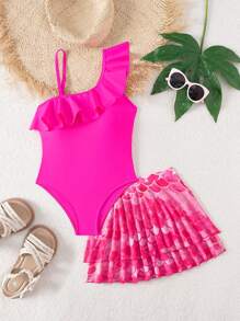 1pc Girls' Solid Ruffle Trim One-Piece Swimsuit With Mermaid Scale Print Skirt, Sibling Outfits Matching Sets (Sold Separately) - Multicolor - View 3