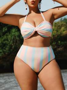 Swim Vcay 大码女式 2 件套花卉条纹扭纹吊带背心搭配高腰三角裤泳衣套装，时尚可爱度假休闲 - 彩色 - 查看 6