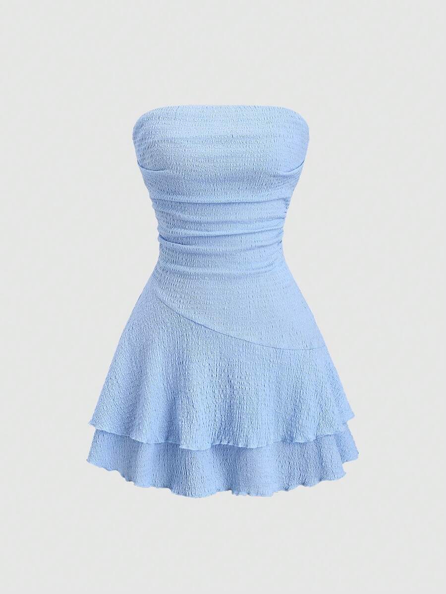 Sweetra Y2K Style Ruched Textured Fabric Bandeau Mini Dress - Blue - View 1