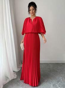 Elenzga V-Neck Gathered Elegant & Romantic Ladies Dress - Red - View 4