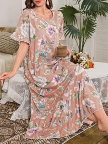 SHEIN Ruffled Hem Floral Print Long Nightgown - Multicolor - View 3