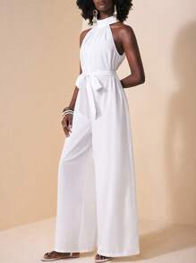 Zivah Grüner Jumpsuit mit weitem Bein, hohem Hals, Schlitz und Taschen -E, für den Urlaub