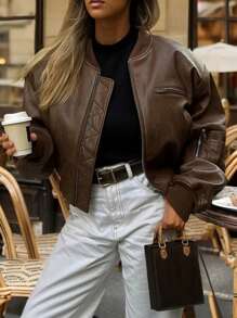 INAWLY 女式纯色长袖前拉链 PU 皮革棒球夹克（秋季） - 咖啡棕 - 查看 4