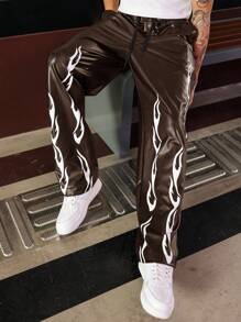 PAVTROS Men's Drawstring Waist Flame Print Straight Leg Casual Pants - Brown - View 1