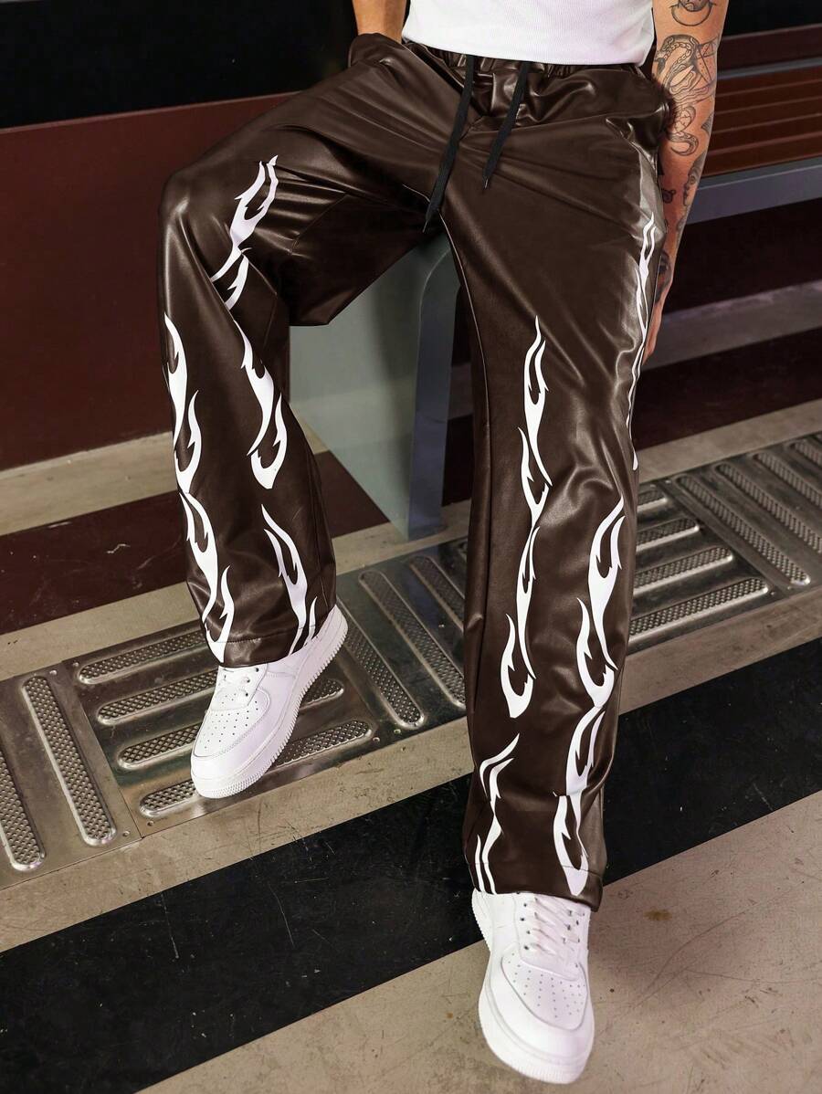 PAVTROS Men's Drawstring Waist Flame Print Straight Leg Casual Pants - Brown - View 1