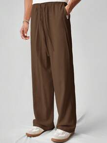 SWAVVY Celana Panjang Pria Kasual Tenun Bahan Linen Warna Polos Model Lurus, Cocok untuk Pakaian Sehari-hari, Sekolah, Musim Gugur - Coklat - View 6